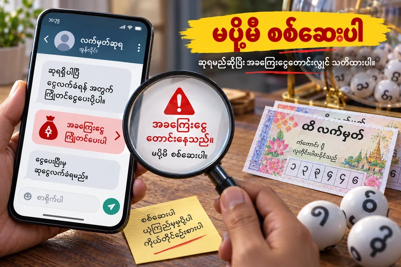 ထီဆုရစာ၏ ကြိုတင်ငွေတောင်းမှုကို စစ်သော စိတ်ကူးဖုန်းနှင့် လက်မှတ်ပုံ