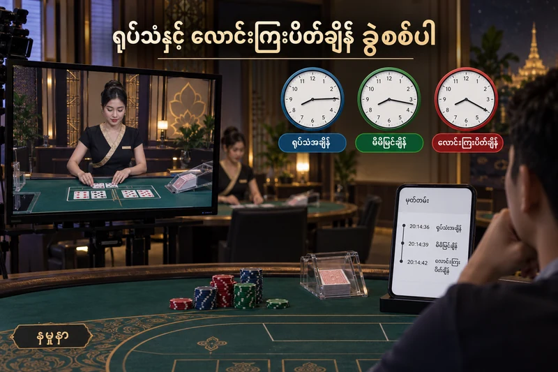 တိုက်ရိုက်ကတ်စားပွဲနှင့် ရုပ်သံ၊ မြင်ရချိန်၊ လောင်းကြေးပိတ်ချိန် နမူနာနာရီသုံးခု